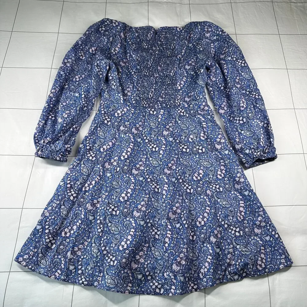 J. Crew Liberty Dress Women 2 Blue Sweetheart Long Sleeve Mini Bourton Bloom New